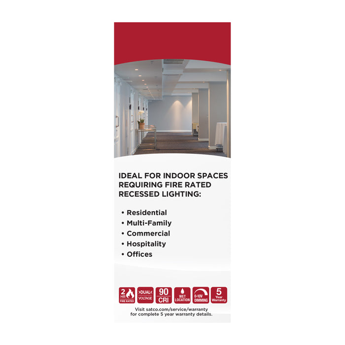 SATCO/NUVO 13W LED Fire Rated 6 Inch Direct Wire Downlight Round Flat Lens CCT Selectable 2700K/3000K/3500K/4000K/5000K 120-277V Dimmable Remote Driver White (S11869)