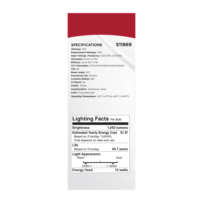 SATCO/NUVO 13W LED Fire Rated 6 Inch Direct Wire Downlight Round Flat Lens CCT Selectable 2700K/3000K/3500K/4000K/5000K 120-277V Dimmable Remote Driver White (S11869)