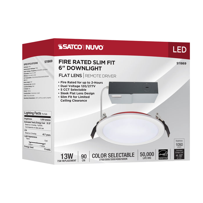 SATCO/NUVO 13W LED Fire Rated 6 Inch Direct Wire Downlight Round Flat Lens CCT Selectable 2700K/3000K/3500K/4000K/5000K 120-277V Dimmable Remote Driver White (S11869)