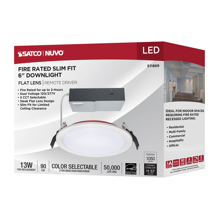 SATCO/NUVO 13W LED Fire Rated 6 Inch Direct Wire Downlight Round Flat Lens CCT Selectable 2700K/3000K/3500K/4000K/5000K 120-277V Dimmable Remote Driver White (S11869)