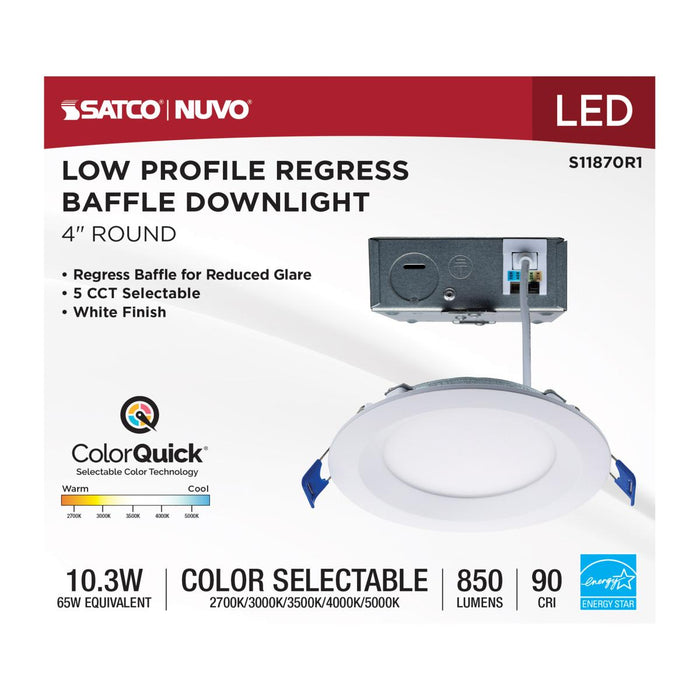 SATCO/NUVO 10W LED Direct Wire Downlight Slimfit Smooth Baffle 4 Inch CCT Selectable 2700K/3000K/3500K/4000K/5000K 120V Round Remote Driver White (S11870R1)