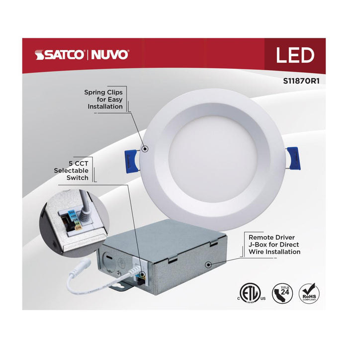 SATCO/NUVO 10W LED Direct Wire Downlight Slimfit Smooth Baffle 4 Inch CCT Selectable 2700K/3000K/3500K/4000K/5000K 120V Round Remote Driver White (S11870R1)
