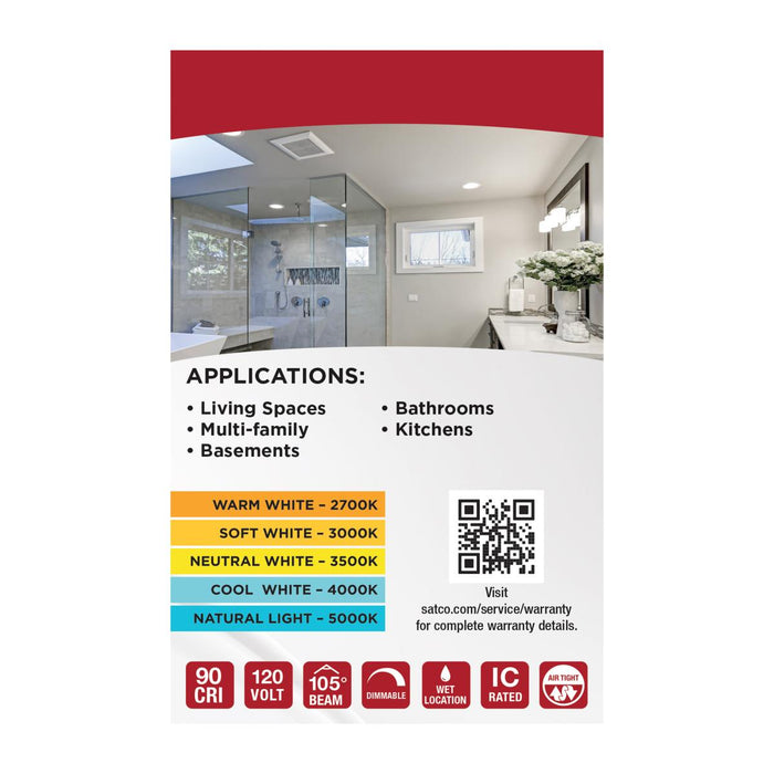 SATCO/NUVO 10W LED Direct Wire Downlight Slimfit Smooth Baffle 4 Inch CCT Selectable 2700K/3000K/3500K/4000K/5000K 120V Round Remote Driver White (S11870R1)