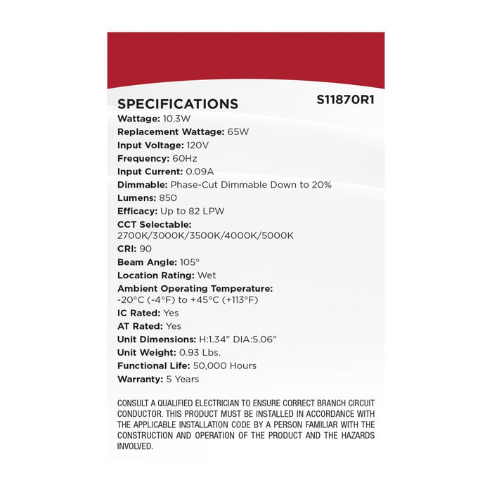 SATCO/NUVO 10W LED Direct Wire Downlight Slimfit Smooth Baffle 4 Inch CCT Selectable 2700K/3000K/3500K/4000K/5000K 120V Round Remote Driver White (S11870R1)