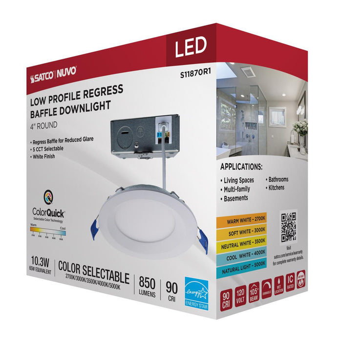 SATCO/NUVO 10W LED Direct Wire Downlight Slimfit Smooth Baffle 4 Inch CCT Selectable 2700K/3000K/3500K/4000K/5000K 120V Round Remote Driver White (S11870R1)