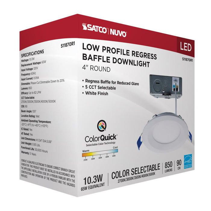 SATCO/NUVO 10W LED Direct Wire Downlight Slimfit Smooth Baffle 4 Inch CCT Selectable 2700K/3000K/3500K/4000K/5000K 120V Round Remote Driver White (S11870R1)
