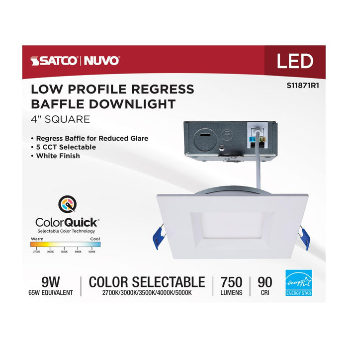 SATCO/NUVO 9W LED Direct Wire Downlight Slimfit Smooth Baffle 4 Inch CCT Selectable 2700K/3000K/3500K/4000K/5000K 120V Square Remote Driver White (S11871R1)
