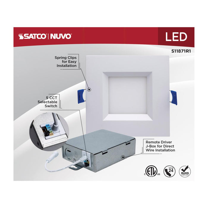 SATCO/NUVO 9W LED Direct Wire Downlight Slimfit Smooth Baffle 4 Inch CCT Selectable 2700K/3000K/3500K/4000K/5000K 120V Square Remote Driver White (S11871R1)