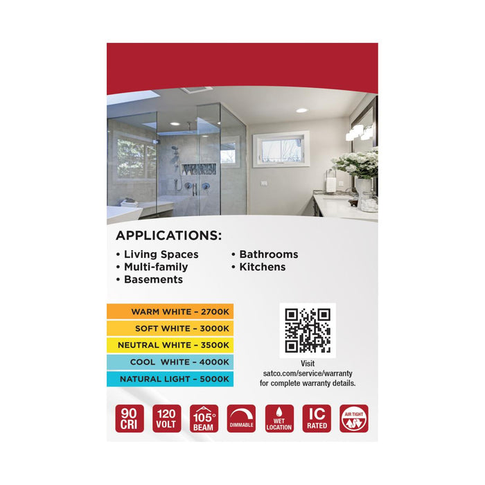 SATCO/NUVO 9W LED Direct Wire Downlight Slimfit Smooth Baffle 4 Inch CCT Selectable 2700K/3000K/3500K/4000K/5000K 120V Square Remote Driver White (S11871R1)
