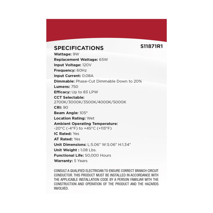 SATCO/NUVO 9W LED Direct Wire Downlight Slimfit Smooth Baffle 4 Inch CCT Selectable 2700K/3000K/3500K/4000K/5000K 120V Square Remote Driver White (S11871R1)