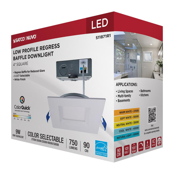 SATCO/NUVO 9W LED Direct Wire Downlight Slimfit Smooth Baffle 4 Inch CCT Selectable 2700K/3000K/3500K/4000K/5000K 120V Square Remote Driver White (S11871R1)