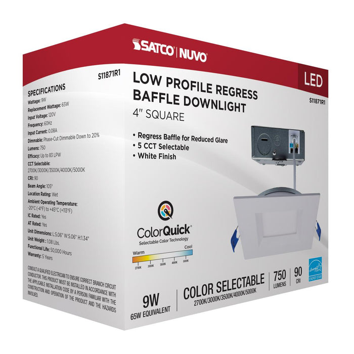 SATCO/NUVO 9W LED Direct Wire Downlight Slimfit Smooth Baffle 4 Inch CCT Selectable 2700K/3000K/3500K/4000K/5000K 120V Square Remote Driver White (S11871R1)