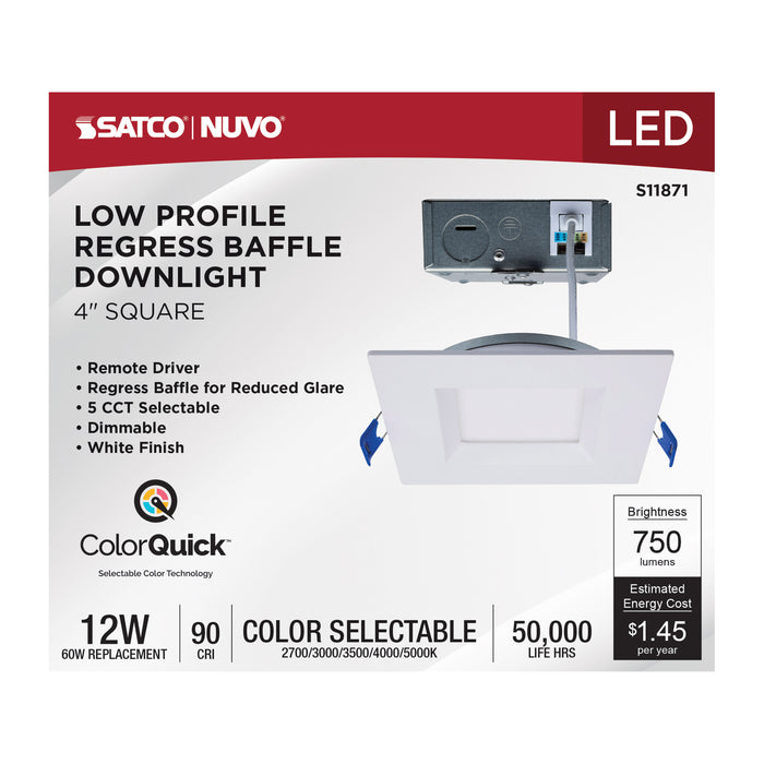SATCO/NUVO 4 Inch Square 12W LED Low Profile Regress Baffle Downlight Remote Driver CCT Selectable 2700K/3000K/3500K/4000K/5000K 750Lm 90 CRI 120V White (S11871)