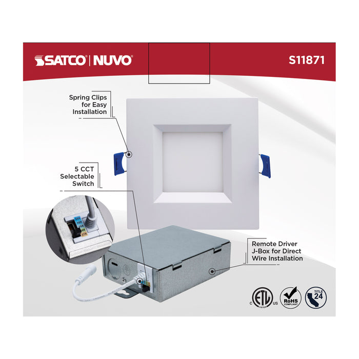 SATCO/NUVO 4 Inch Square 12W LED Low Profile Regress Baffle Downlight Remote Driver CCT Selectable 2700K/3000K/3500K/4000K/5000K 750Lm 90 CRI 120V White (S11871)