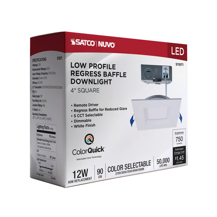 SATCO/NUVO 4 Inch Square 12W LED Low Profile Regress Baffle Downlight Remote Driver CCT Selectable 2700K/3000K/3500K/4000K/5000K 750Lm 90 CRI 120V White (S11871)
