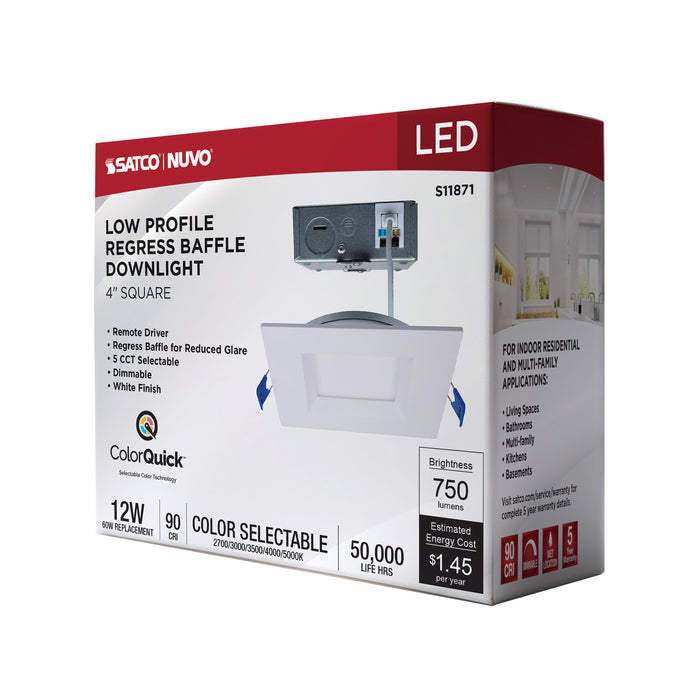 SATCO/NUVO 4 Inch Square 12W LED Low Profile Regress Baffle Downlight Remote Driver CCT Selectable 2700K/3000K/3500K/4000K/5000K 750Lm 90 CRI 120V White (S11871)