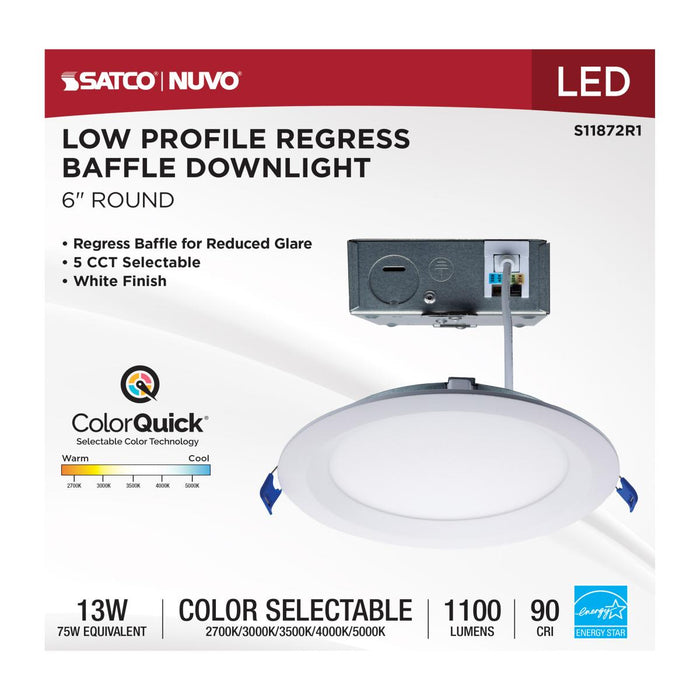 SATCO/NUVO 13W LED Direct Wire Downlight Slimfit Smooth Baffle 6 Inch CCT Selectable Round Remote Driver White Finish (S11872R1)