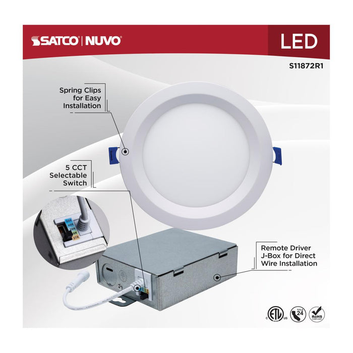 SATCO/NUVO 13W LED Direct Wire Downlight Slimfit Smooth Baffle 6 Inch CCT Selectable Round Remote Driver White Finish (S11872R1)