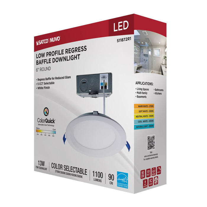 SATCO/NUVO 13W LED Direct Wire Downlight Slimfit Smooth Baffle 6 Inch CCT Selectable Round Remote Driver White Finish (S11872R1)