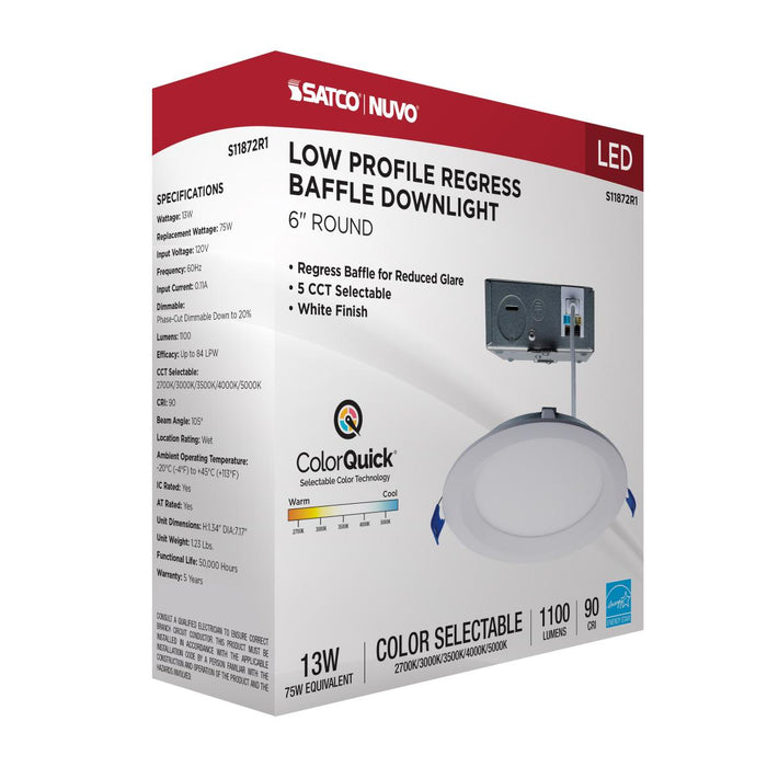 SATCO/NUVO 13W LED Direct Wire Downlight Slimfit Smooth Baffle 6 Inch CCT Selectable Round Remote Driver White Finish (S11872R1)
