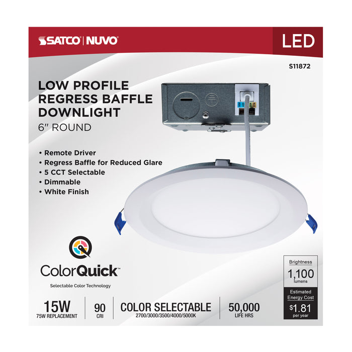 SATCO/NUVO 6 Inch Round 15W LED Low Profile Regress Baffle Downlight Remote Driver CCT Selectable 2700K/3000K/3500K/4000K/5000K 1100Lm 90 CRI 120V White (S11872)