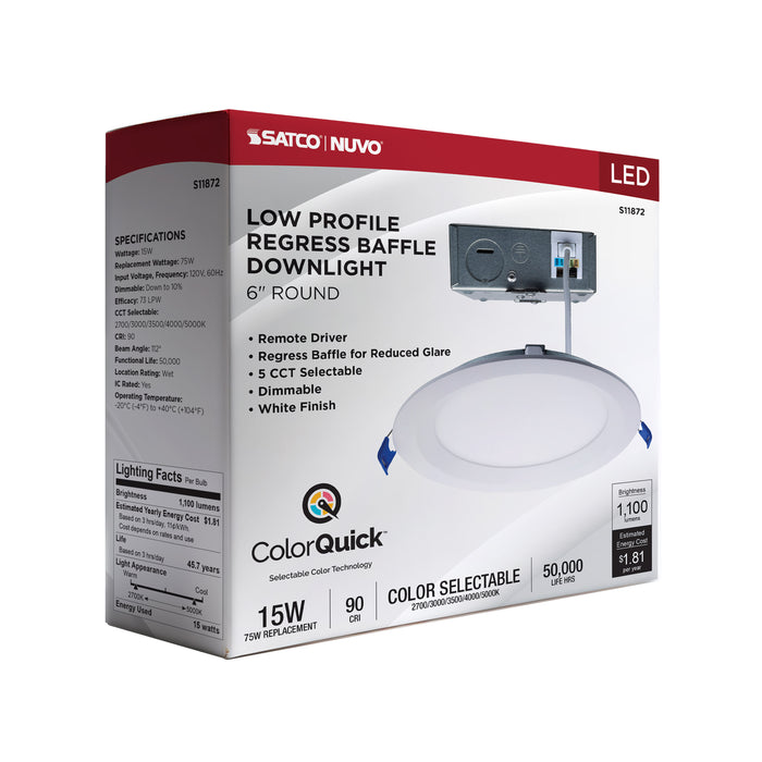 SATCO/NUVO 6 Inch Round 15W LED Low Profile Regress Baffle Downlight Remote Driver CCT Selectable 2700K/3000K/3500K/4000K/5000K 1100Lm 90 CRI 120V White (S11872)