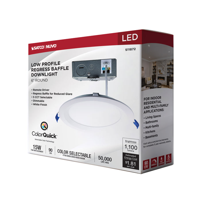 SATCO/NUVO 6 Inch Round 15W LED Low Profile Regress Baffle Downlight Remote Driver CCT Selectable 2700K/3000K/3500K/4000K/5000K 1100Lm 90 CRI 120V White (S11872)