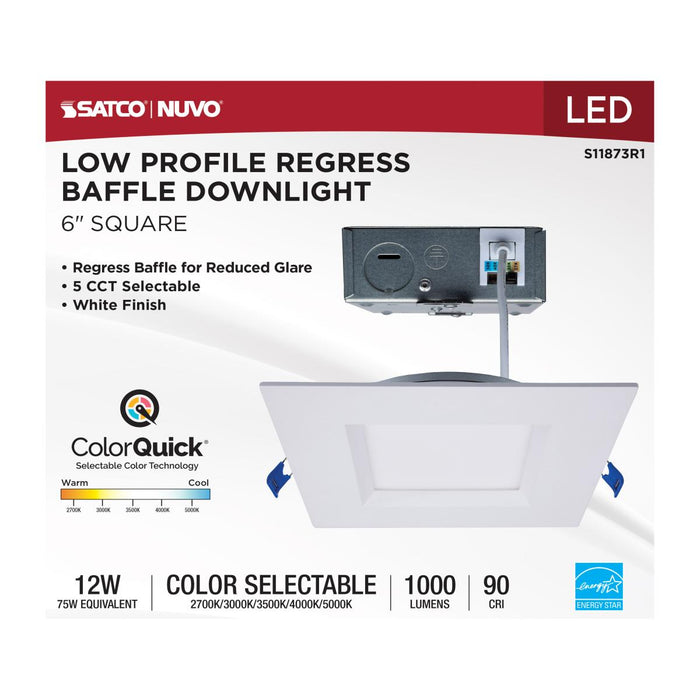 SATCO/NUVO 12W LED Direct Wire Downlight Slimfit Smooth Baffle 6 Inch CCT Selectable Square Remote Driver White Finish (S11873R1)