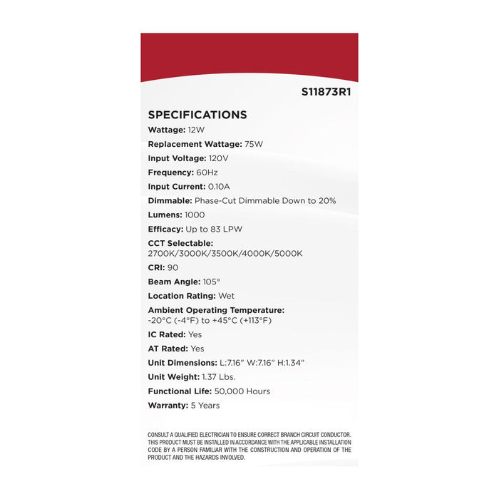 SATCO/NUVO 12W LED Direct Wire Downlight Slimfit Smooth Baffle 6 Inch CCT Selectable Square Remote Driver White Finish (S11873R1)