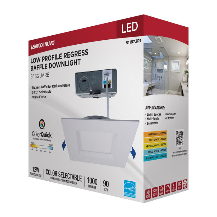 SATCO/NUVO 12W LED Direct Wire Downlight Slimfit Smooth Baffle 6 Inch CCT Selectable Square Remote Driver White Finish (S11873R1)