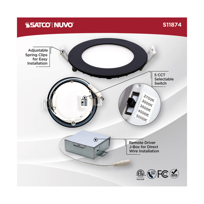 SATCO/NUVO 10W LED Direct Wire Downlight Edge-Lit 4 Inch CCT Selectable 2700K/3000K/3500K/4000K/5000K 120V Dimmable Round Remote Driver Black (S11874)
