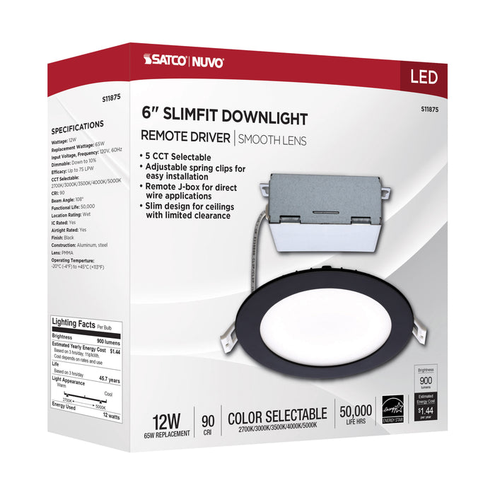 SATCO/NUVO 12W LED Direct Wire Downlight Edge-Lit 6 Inch CCT Selectable 2700K/3000K/3500K/4000K/5000K 120V Dimmable Round Remote Driver Black (S11875)