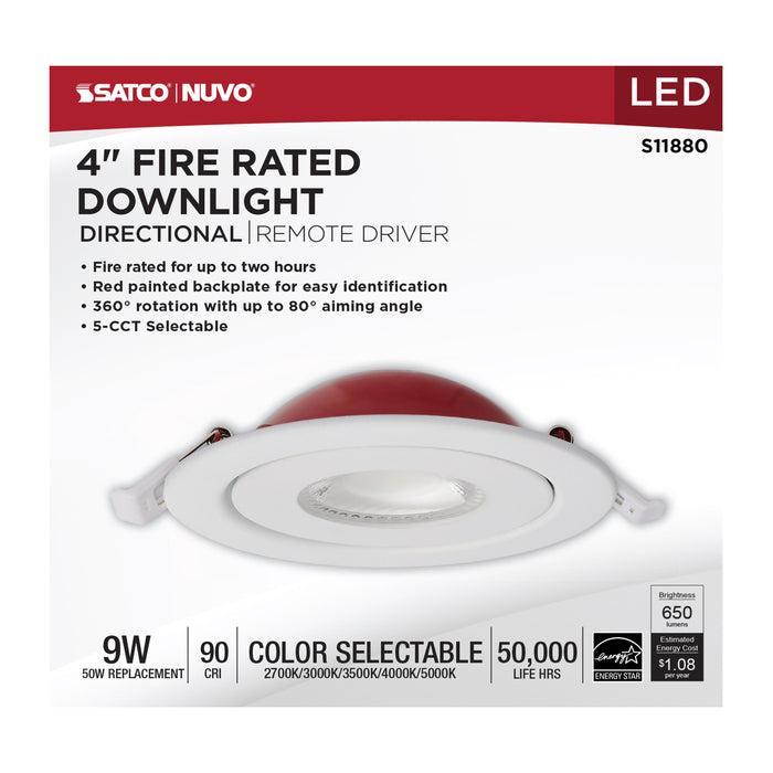SATCO/NUVO 9W LED Fire Rated 4 Inch Direct Wire Directional Downlight Round Shape White Finish CCT Selectable Dimmable 120 Volts (S11880)