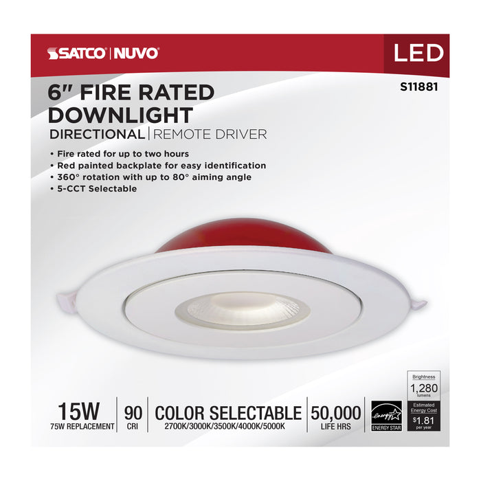 SATCO/NUVO 15W LED Fire Rated 6 Inch Direct Wire Directional Downlight Round Shape White Finish CCT Selectable Dimmable 120 Volts (S11881)