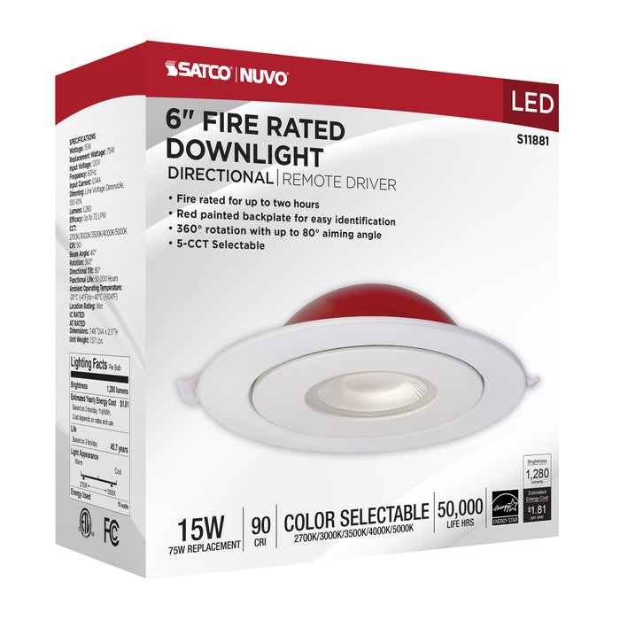 SATCO/NUVO 15W LED Fire Rated 6 Inch Direct Wire Directional Downlight Round Shape White Finish CCT Selectable Dimmable 120 Volts (S11881)