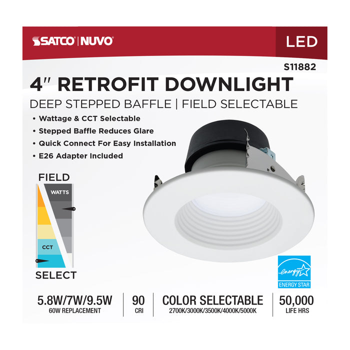 SATCO/NUVO Field Selectable LED Downlight Retrofit Deep Baffle 5.8W/7W/9.5W 2700K/3000K/3500K/4000K/5000K 4 Inch Round White Finish 120V (S11882)