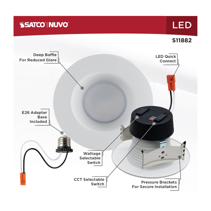 SATCO/NUVO Field Selectable LED Downlight Retrofit Deep Baffle 5.8W/7W/9.5W 2700K/3000K/3500K/4000K/5000K 4 Inch Round White Finish 120V (S11882)