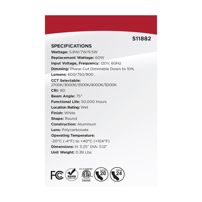 SATCO/NUVO Field Selectable LED Downlight Retrofit Deep Baffle 5.8W/7W/9.5W 2700K/3000K/3500K/4000K/5000K 4 Inch Round White Finish 120V (S11882)
