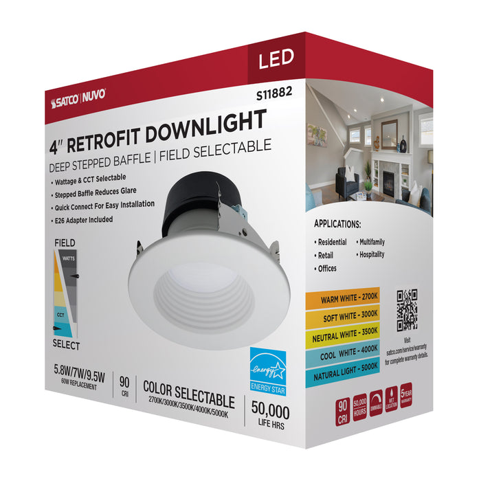 SATCO/NUVO Field Selectable LED Downlight Retrofit Deep Baffle 5.8W/7W/9.5W 2700K/3000K/3500K/4000K/5000K 4 Inch Round White Finish 120V (S11882)