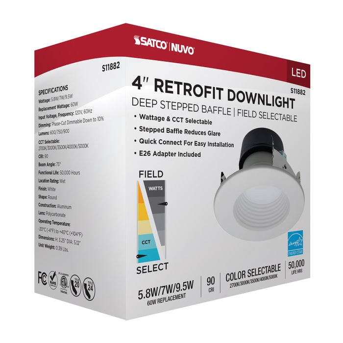 SATCO/NUVO Field Selectable LED Downlight Retrofit Deep Baffle 5.8W/7W/9.5W 2700K/3000K/3500K/4000K/5000K 4 Inch Round White Finish 120V (S11882)