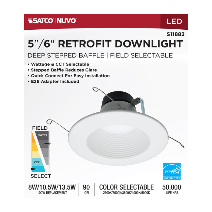 SATCO/NUVO Field Selectable LED Downlight Retrofit Deep Baffle 8W/10.5W/13.5W 2700K/3000K/3500K/4000K/5000K 5-6 Inch Round White Finish 120V (S11883)