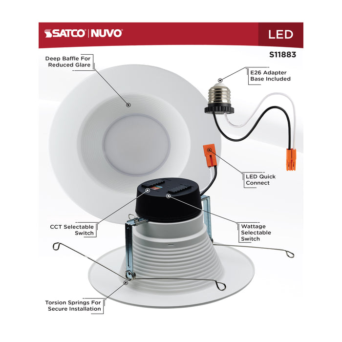 SATCO/NUVO Field Selectable LED Downlight Retrofit Deep Baffle 8W/10.5W/13.5W 2700K/3000K/3500K/4000K/5000K 5-6 Inch Round White Finish 120V (S11883)
