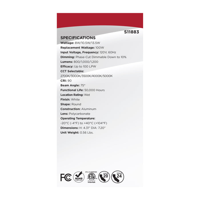 SATCO/NUVO Field Selectable LED Downlight Retrofit Deep Baffle 8W/10.5W/13.5W 2700K/3000K/3500K/4000K/5000K 5-6 Inch Round White Finish 120V (S11883)