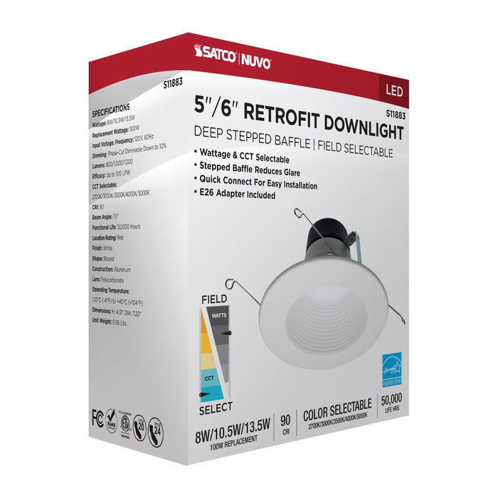 SATCO/NUVO Field Selectable LED Downlight Retrofit Deep Baffle 8W/10.5W/13.5W 2700K/3000K/3500K/4000K/5000K 5-6 Inch Round White Finish 120V (S11883)