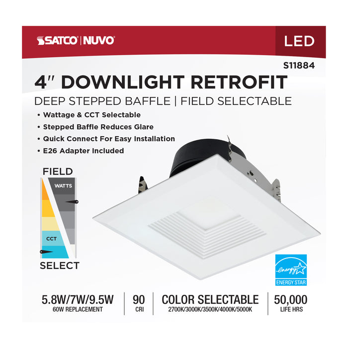 SATCO/NUVO Field Selectable LED Downlight Retrofit Deep Baffle 5.8W/7W/9.5W 2700K/3000K/3500K/4000K/5000K 4 Inch Square White Finish 120V (S11884)