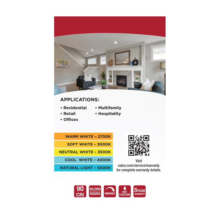 SATCO/NUVO Field Selectable LED Downlight Retrofit Deep Baffle 5.8W/7W/9.5W 2700K/3000K/3500K/4000K/5000K 4 Inch Square White Finish 120V (S11884)