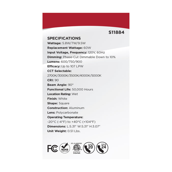 SATCO/NUVO Field Selectable LED Downlight Retrofit Deep Baffle 5.8W/7W/9.5W 2700K/3000K/3500K/4000K/5000K 4 Inch Square White Finish 120V (S11884)