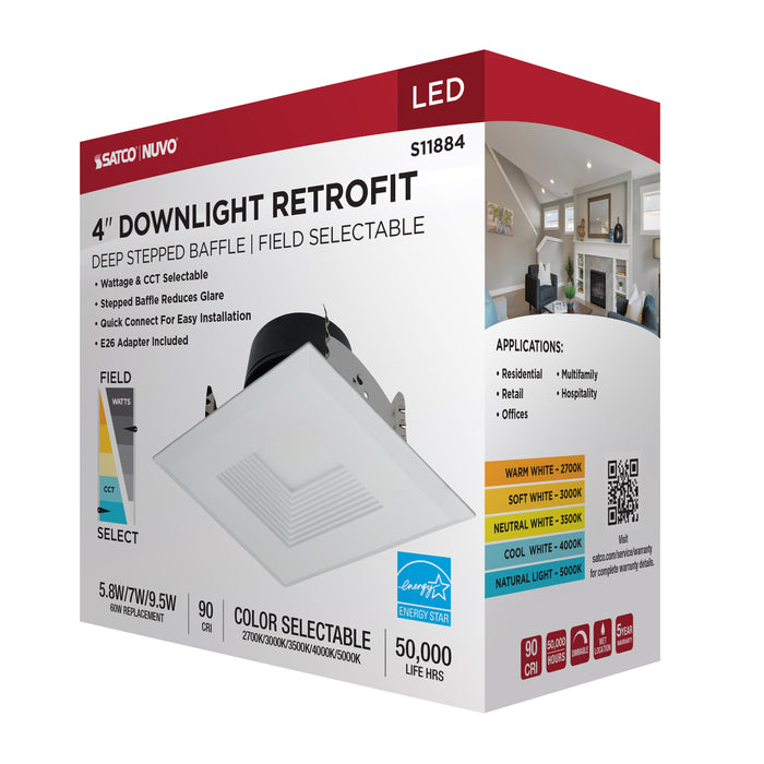 SATCO/NUVO Field Selectable LED Downlight Retrofit Deep Baffle 5.8W/7W/9.5W 2700K/3000K/3500K/4000K/5000K 4 Inch Square White Finish 120V (S11884)