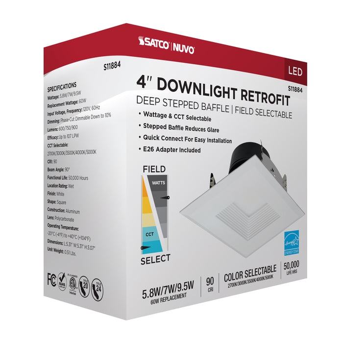 SATCO/NUVO Field Selectable LED Downlight Retrofit Deep Baffle 5.8W/7W/9.5W 2700K/3000K/3500K/4000K/5000K 4 Inch Square White Finish 120V (S11884)