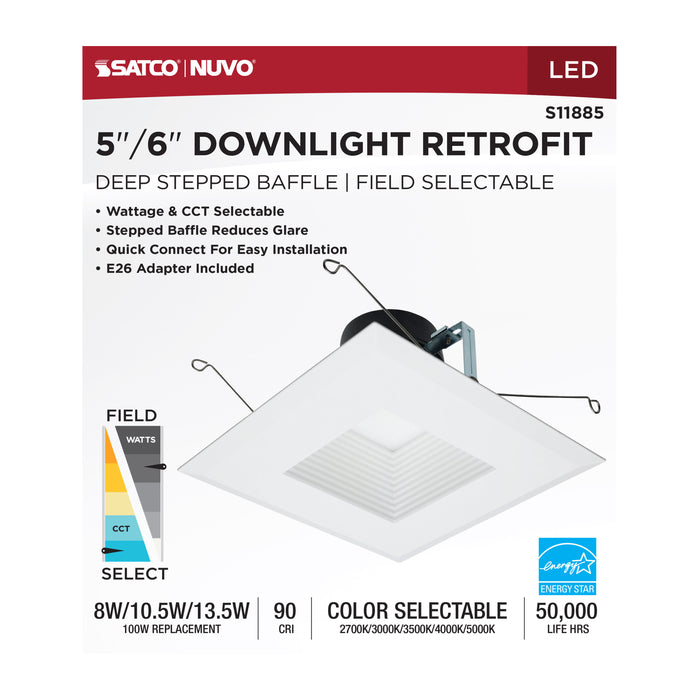 SATCO/NUVO Field Selectable LED Downlight Retrofit Deep Baffle 8W/10.5W/13.5W 2700K/3000K/3500K/4000K/5000K 5-6 Inch Square White Finish 120V (S11885)